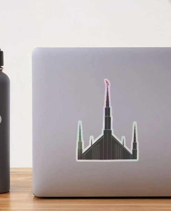 Boise LDS Temple Sticker with Angel Moroni on top, shown on a laptop